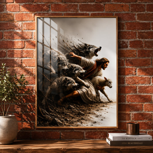 Jesus Protecting His Lamb from Wolves – Poster Wall Art