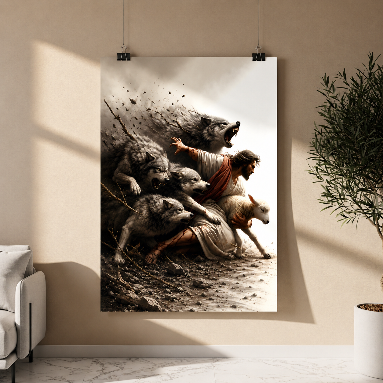 Jesus Protecting His Lamb from Wolves – Poster Wall Art